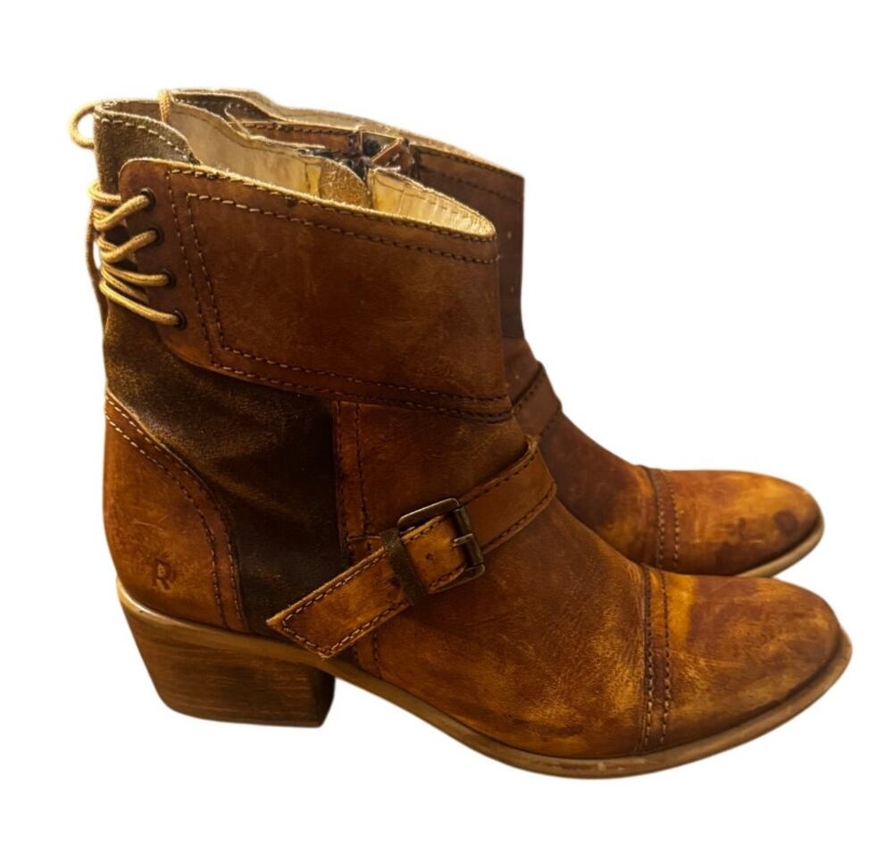 Roan by Bed Stu Greta Leather Ankle Boots Cognac Brown Buckle Back Lace Size 10